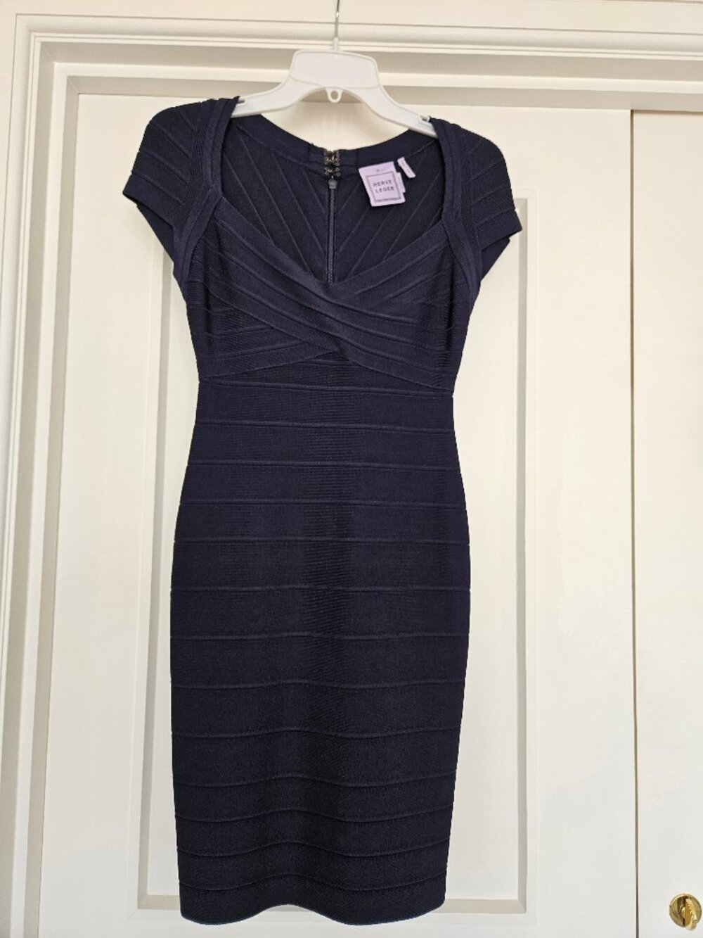 Herve Leger "Raquel" Cap Sleeve Bandage Stretch Dress Pacific Blue